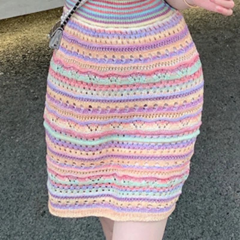 

Crochet Hollow Out Dress Women Rainbow Striped Vestidos Mujer 2021 Summer O Neck Single Breasted Short Sleeve A Line Mini Robe