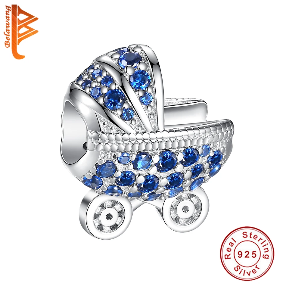 

925 пробы серебро с платиновым покрытием симпатичная детская коляска Bead с синим кристаллом 2021 Новое поступление модных ювелирных изделий