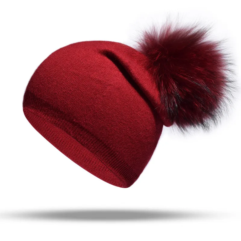 

Winter Women's Cashmere Beanie Hat Fashion Real Pompon Beanies Fur Hat Female Warm Caps With Natural Genuine Raccoon Fur Cap