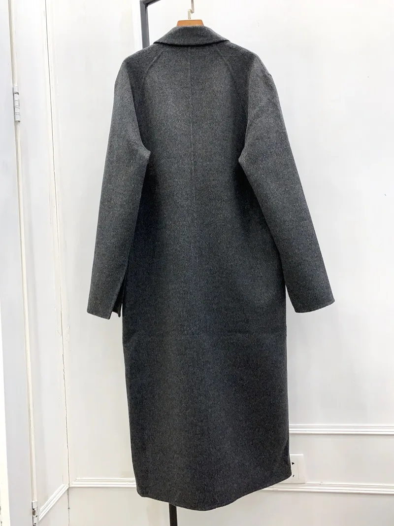 

Women Solid Color Wool Long Coat Lady Double Breasted Turn Down Collar Loose Outwear Female Jacket 2021 New