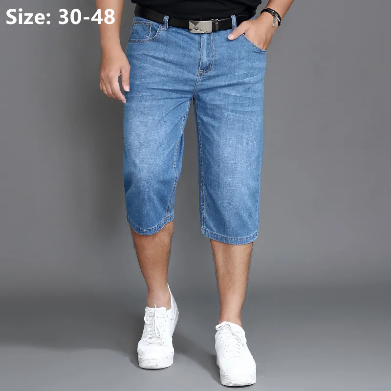 Summer Jeans Shorts Mens Denim Elastic Stretched Thin Short Jean Oversized Plus Light Blue 42 44 46 48 Male Calf Length Trousers