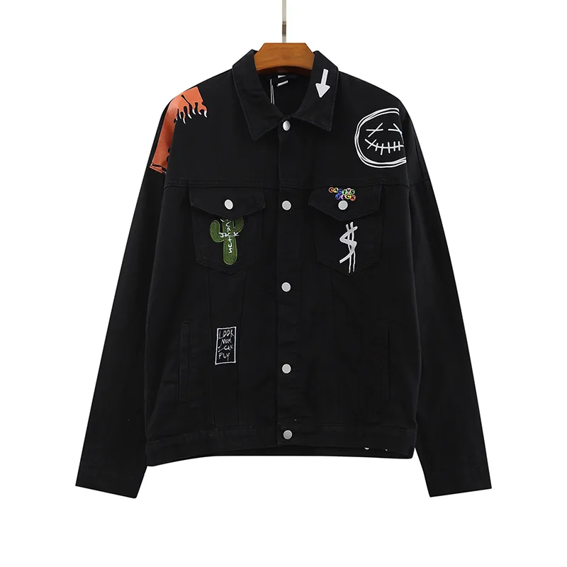 

Новинка 2022, мужские бейсбольные пальто и куртки из джинсовой ткани с длинным рукавом и вышивкой кактуса Джек, теплая цифровая куртка с абстр...