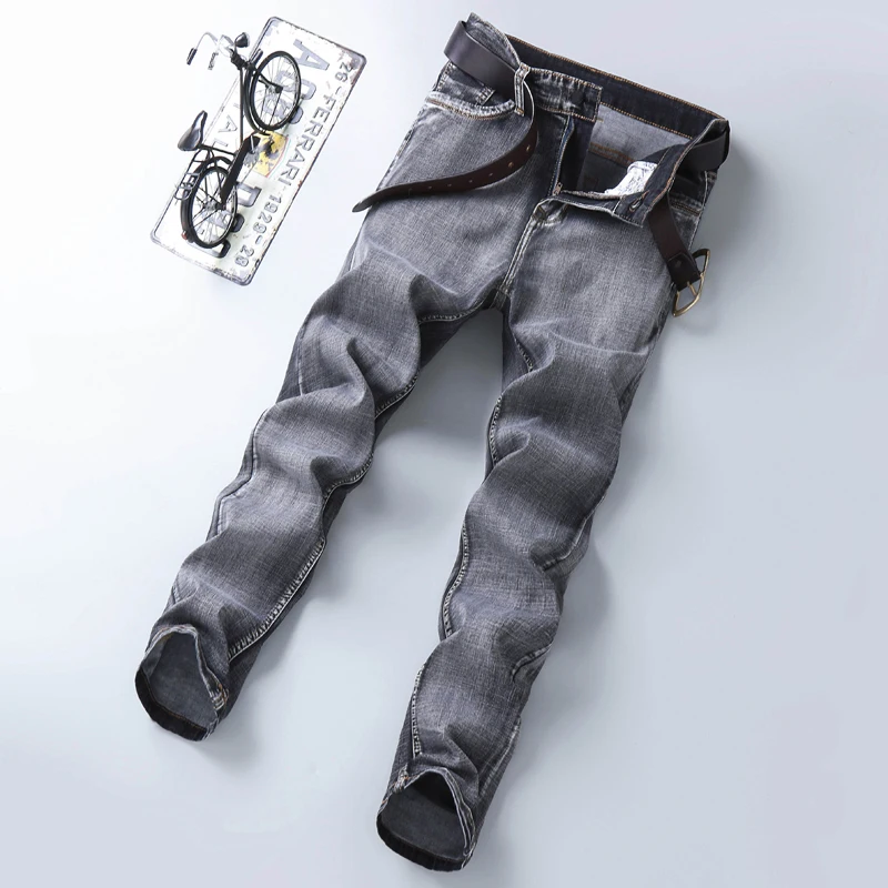 Thin Jeans Business Casual Classic Style 2021 Spring Summer Men's Classic Grey Jeans Elastic Men's Stretch-Fit