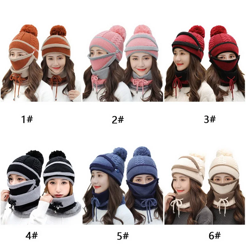 

2020 New 3 Pieces Set Women's Knitted Hat Scarf Caps Neck Warmer Winter Hat For Ladies Girls Skullies Beanies Warm Fleece Caps