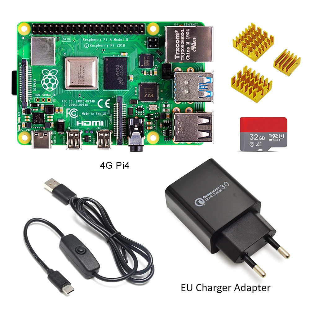Raspberry Pi 4 Модель B Комплект Базовый стартовый комплект с переключателем питания линия тип-c интерфейс ЕС/США зарядное устройство адаптер и радиатор