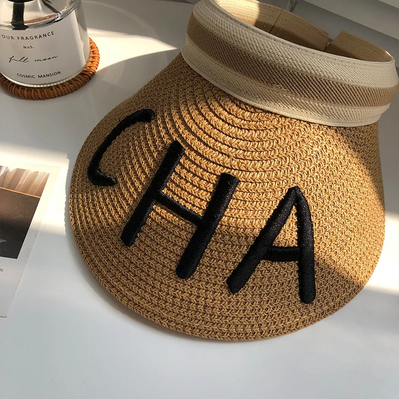 

2020 New Summer Visors Cap Foldable Wide Large Brim Sun Hat Beach Hats for Women Straw Hat letter CHA Empty top hat