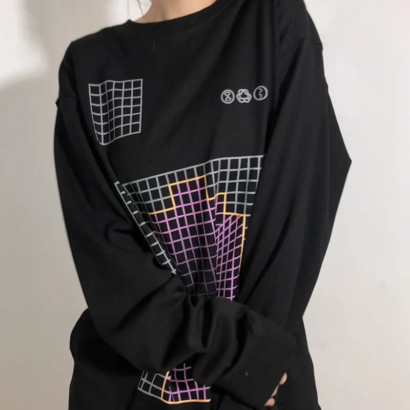 No Hat Hoodies Women Vintage Streetwear O-neck Long Sleeve Tops Hip Hop Design Plaid-pattern Printing Oversize Sweatshirts Teens | Женская