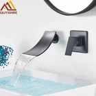 Смеситель для раковины Quyanre, черный хромированный, настенное крепление; Водопад