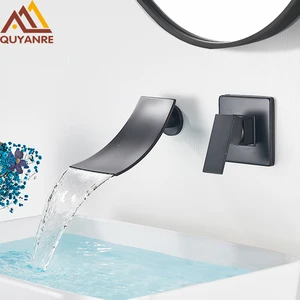 Смеситель для раковины Quyanre, черный хромированный, настенное крепление; Водопад