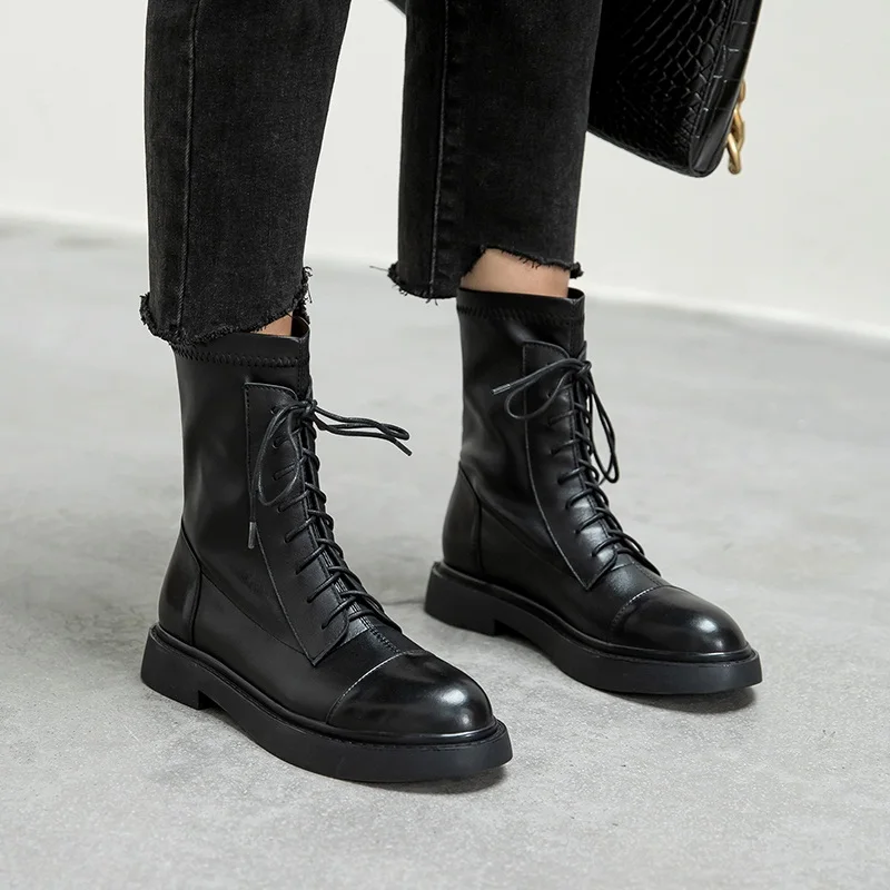 

Top Qualiy Motorcycle Boots For Women Cross Tied Round Toe Low Heels Shoes Woman Autumn Winter Newest Office Party Ankle Boots