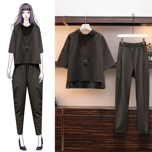 Женский осенний комплект из двух предметов размера плюс топа с ожерельем и