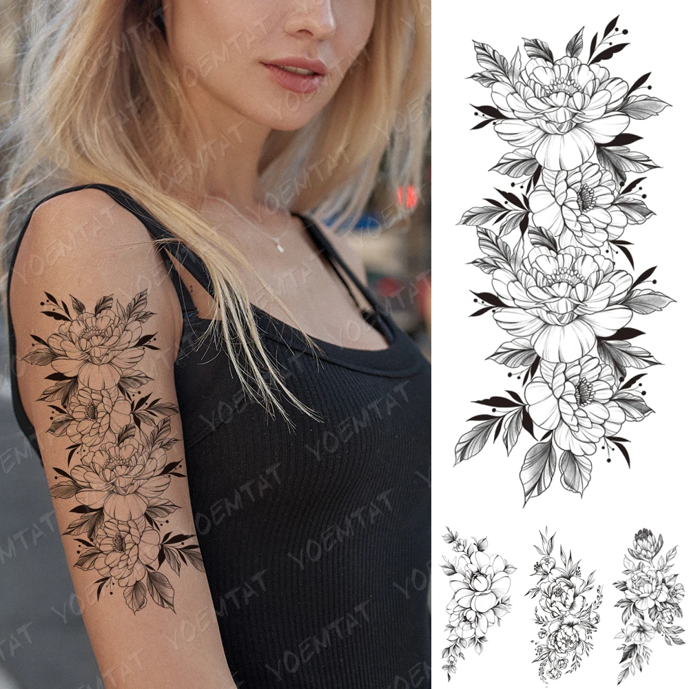 

Водостойкие временные тату-наклейки, пионы, розы, цветы, флэш-татуировки, женские минималистичные линии, боди-арт, рука, бедра, искусственные...