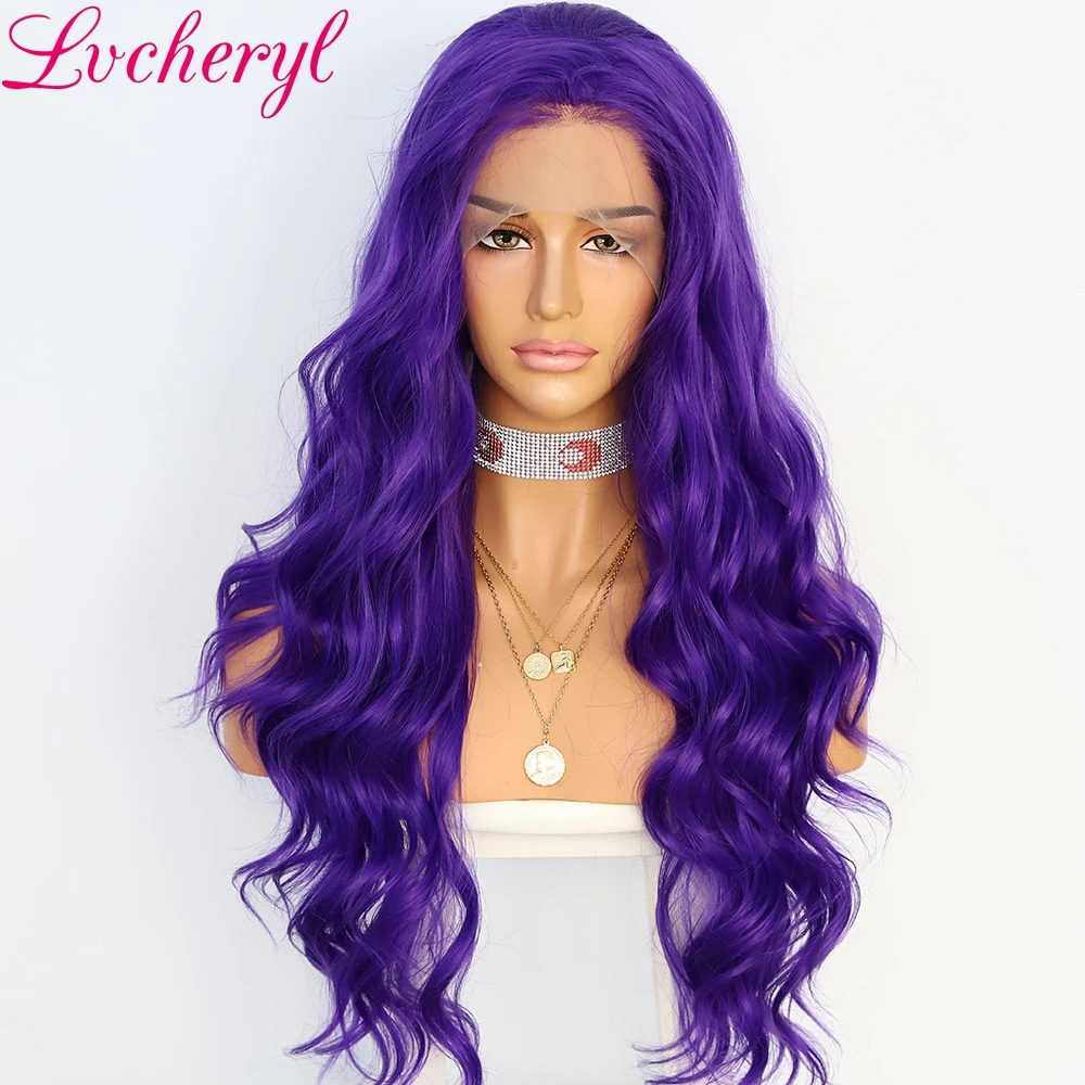 Lvcheryl 13X3 фиолетовый цвет длинные натуральные волны Косплей& Drag queen макияж термостойкие волокна волос Синтетические Кружева передние парики