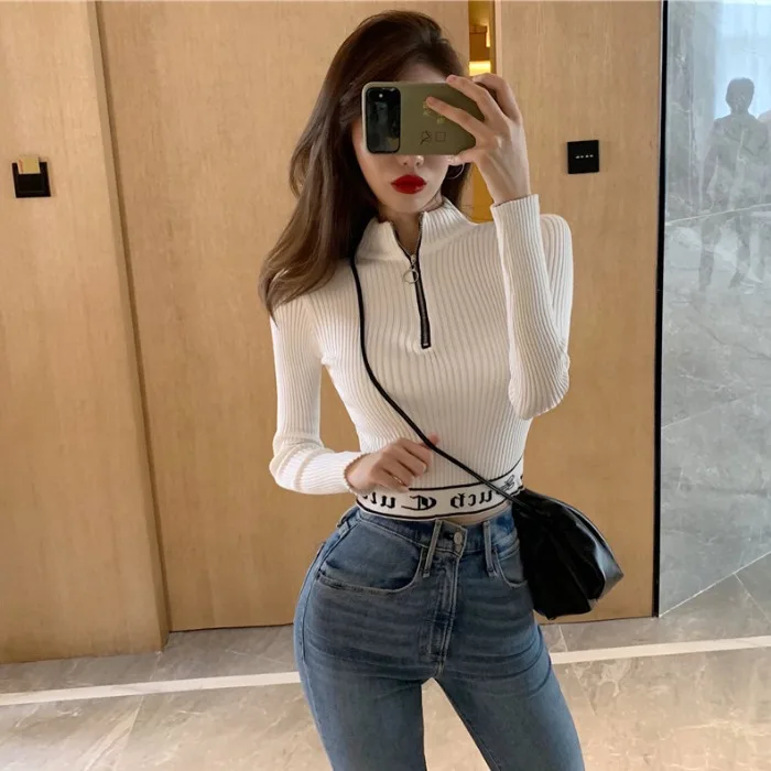 Женская Корейская версия трикотажной рубашки на молнии с полувысоким воротником