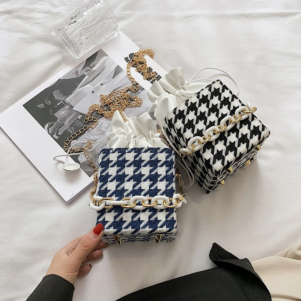 

Retro Plaid Bag Shoulder Bags For Women Bucket Box Portable Woolen Messenger Handbags Travel Acrylic Chain Small Crossbody Pouch