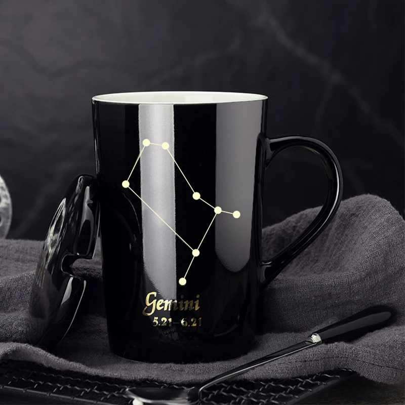 

12 Constellation Gift Cup Black And Gold Cancer Mug Porcelain Milk Coffee Cup 420ml Ceramic Water Drinkware With Spoon Lid