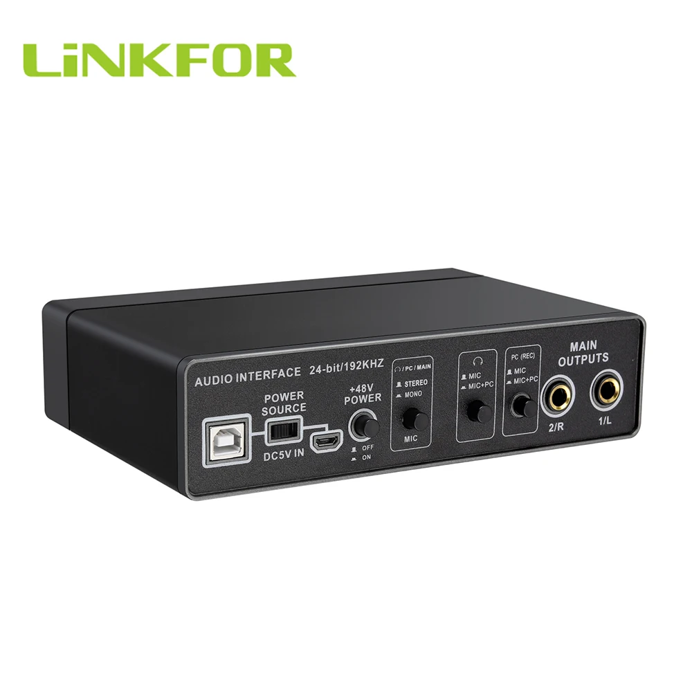 LiNKFOR Microphone Preamplifier 192kHz 2x2 USB Audio Interface Mic Preamp LXR TRS Input For Guitar Bass Computers Mic Recording
