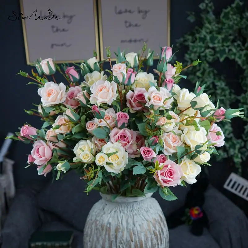 SunMade нежная многоголовая Роза шелковые искусственные цветы розы с листьями