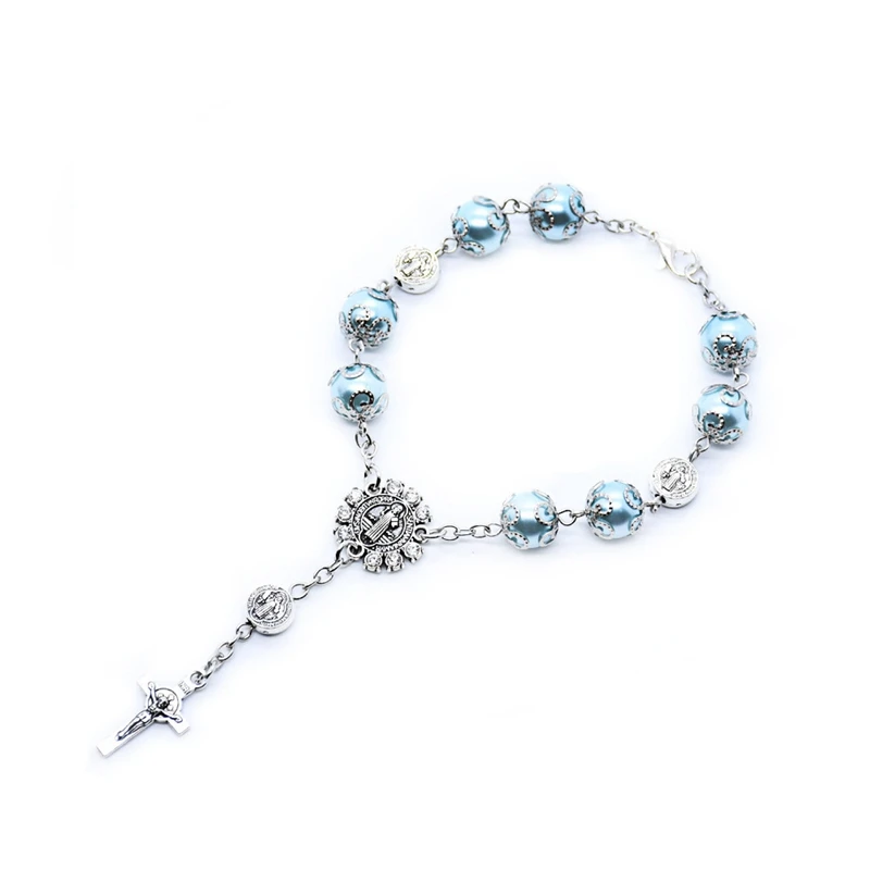 

QIGO Catholic Saint Benedict Cross Blue Imitation Pearl Rosary Bracelet With Cup Church Religious Jewelry For Car