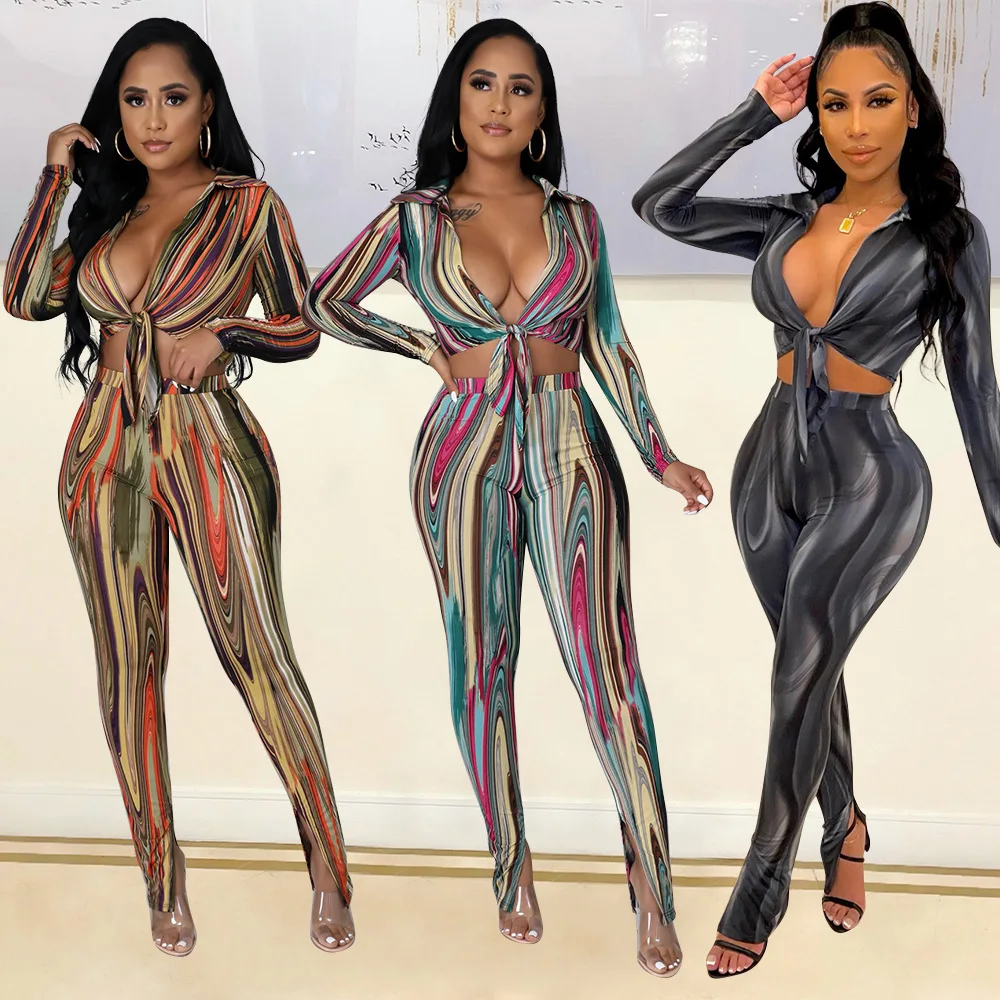 

Colorful Striped Print Bandage Two Piece Set Sexy V Neck Lace Up Long Sleeve Crop Top + Pants Suits Club Party Women Set Outfits