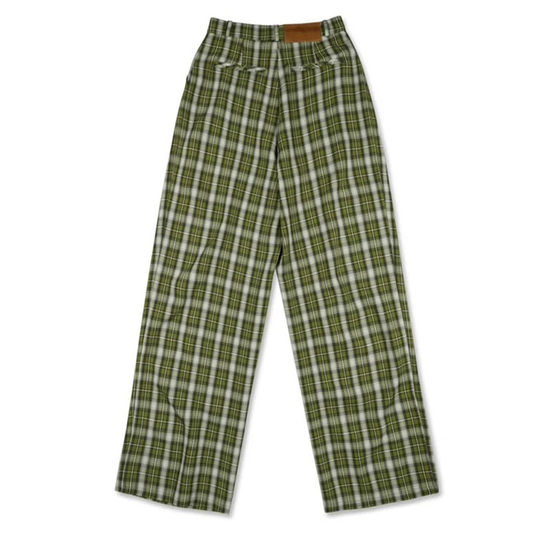 

Trouser Pants Female Harajuku Street Wear Green Plaid Pants Women's High Waist Straight Leg Long