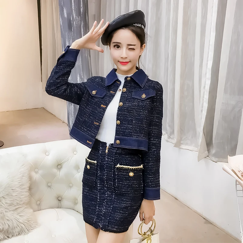 Женский комплект из 2 предметов на осень 2020 модный однобортный твидовый короткий
