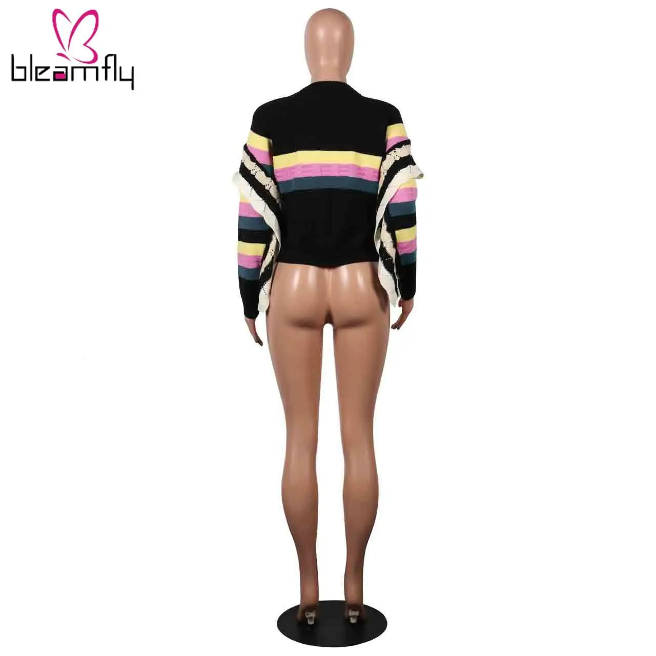 Новинка женский летний вязаный свитер с оборками длинным рукавом в радужную