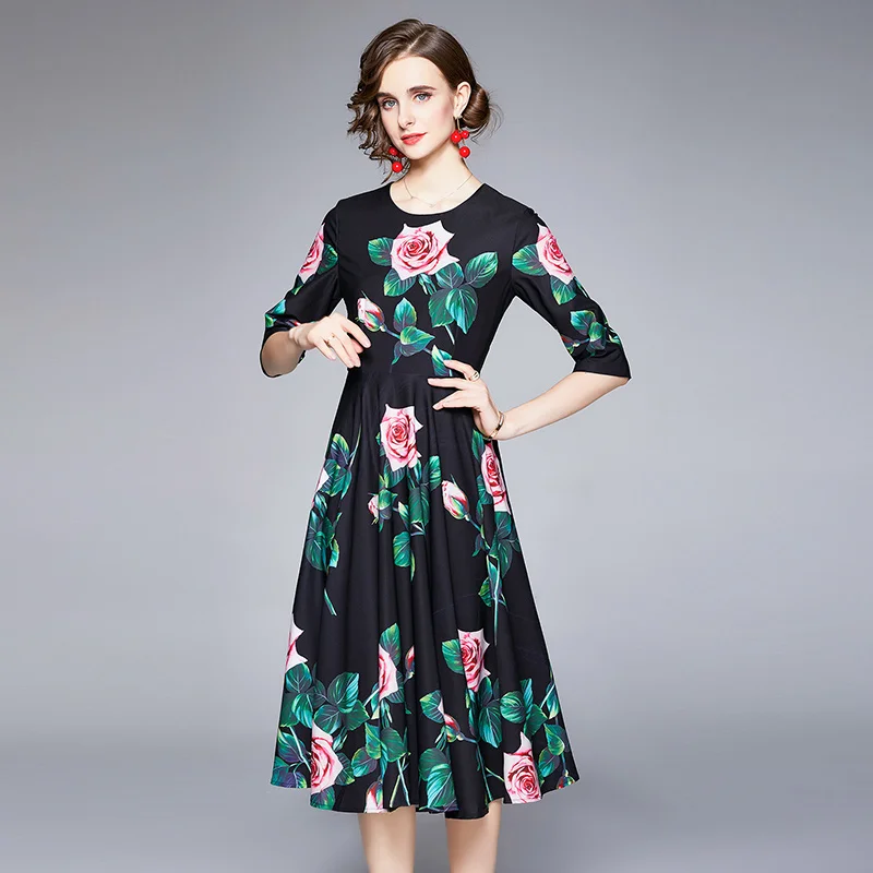 

Summer Runway Party Dress Women O-Neck Half Sleeve Rose Flower Print Black Slim Vintage Ladies Midi Dresses k9137