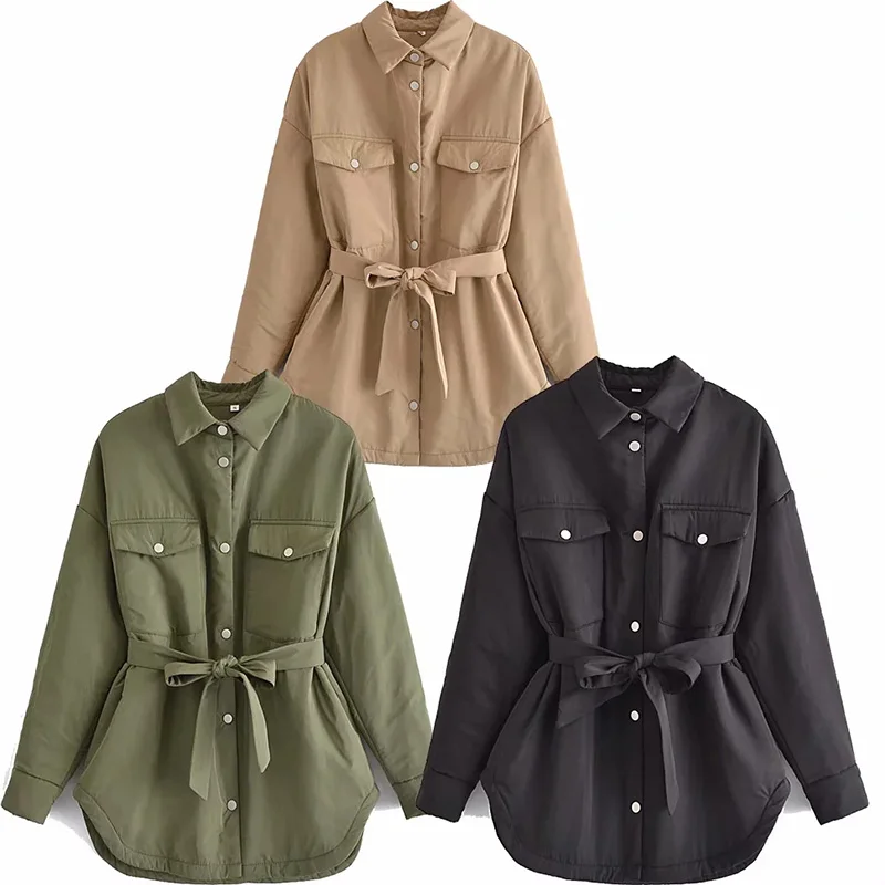 

2021 Women's Lapel Jacket Winter Fashion Lace-up Jacket Women's Elegant Cotton Jacket Big Pocket Belt Women's Clothing