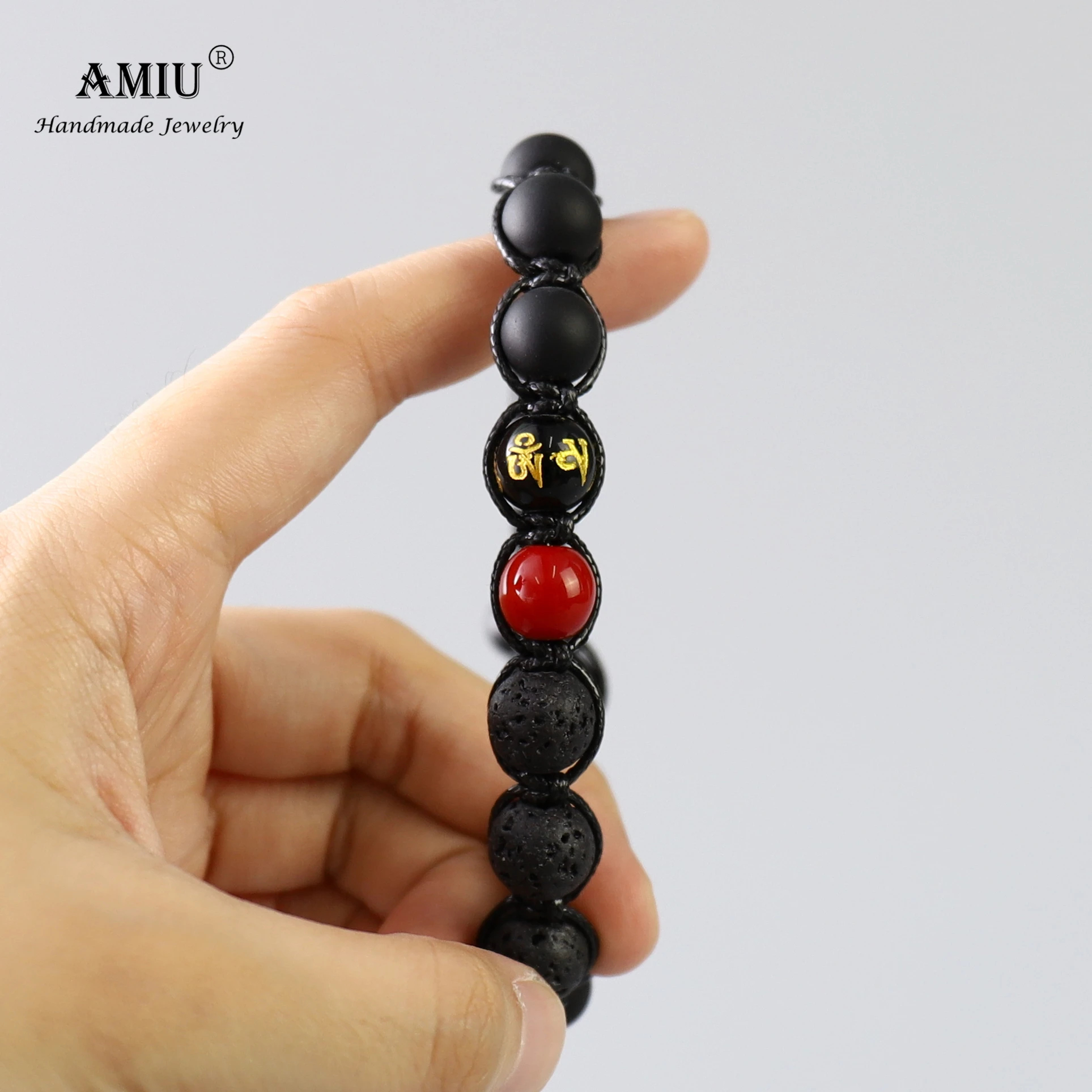 AMIU Handcrafted Men's Natural Stone Bead Bracelet Black Obsidian Wax Cord Lava Rock Beads Rosary Tibetan | Украшения и