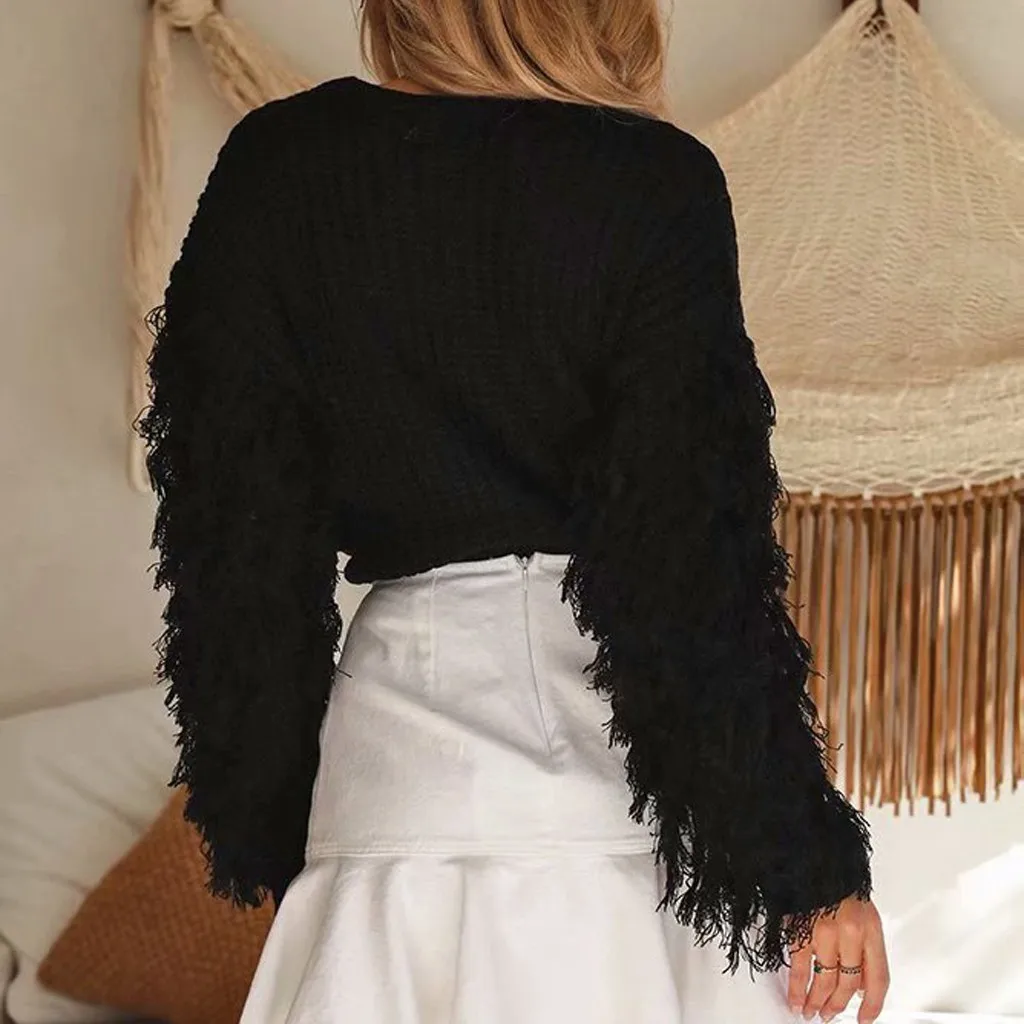 Women Casual Knit Sweater Autumn Solid Pullovers Tops O-Neck Tassel Long Sleeve Loose Sweaters Blouse Женский свитер | Женская
