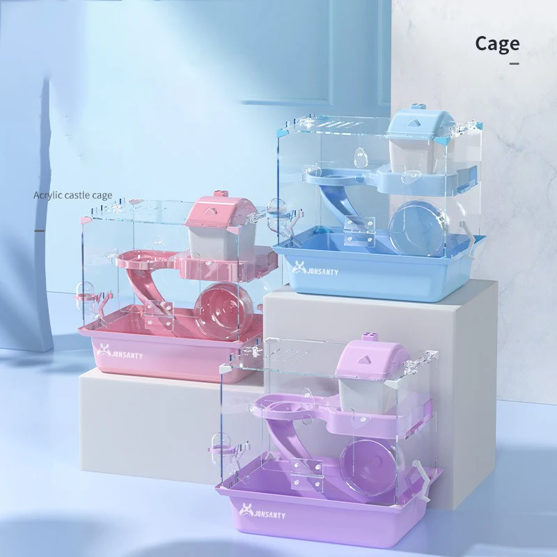Hamster Cage Acrylic Transparent Double-layer Cage With Slide Running Wheel Golden Bear Cage Supplies Set Big Villa