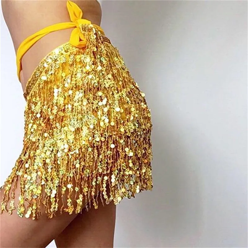 Дешевый Блестящий шарф для танца живота набедренная шаль бахрома с блестками