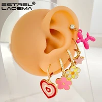 pink dropping oil heart star flower dangle earrings set for women cartoon balloon dog drop hunging earring korean trendy jewelry