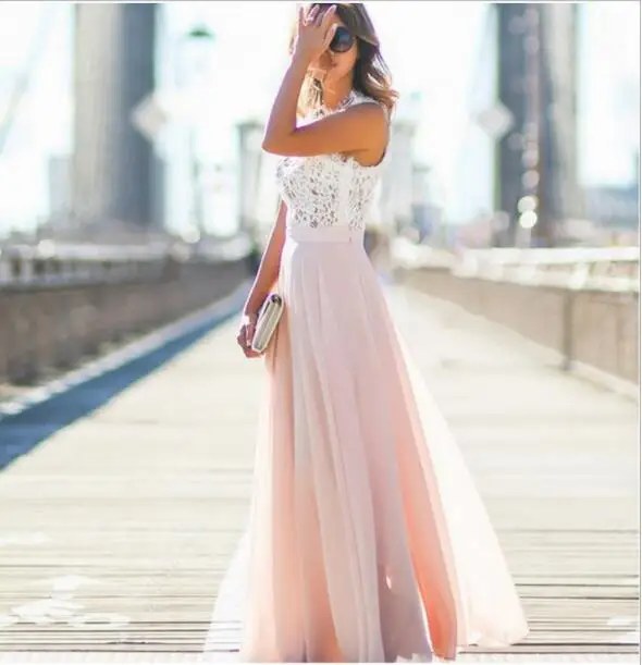 Дешевые Длинные Платья для подружек невесты 2021 розовое кружевное шифоновое