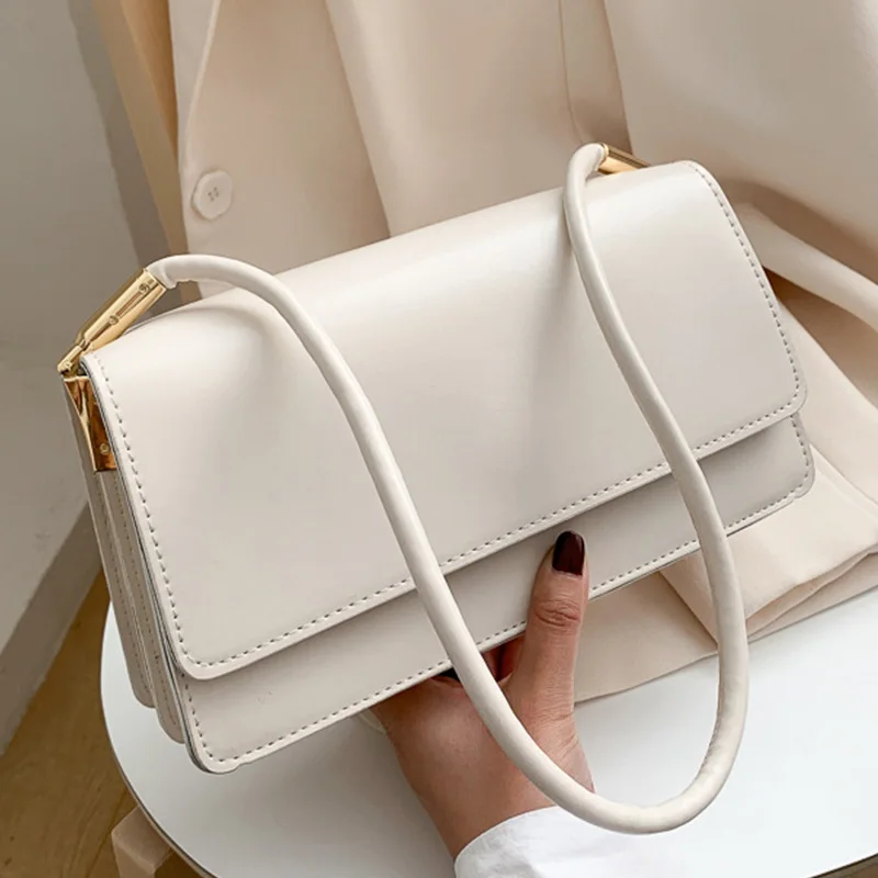 

Soft PU Leather Baguette Shoulder Bags For Women 2021 Simple Armpit Bag Lady Handbags Female Trend Solid Color Travel Hand Bag