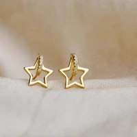 s925 sterling silver gold plated temperament earrings with diamonds and shiny zircon hollow style star shaped earrings