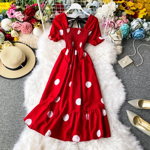 

Платье женское с коротким рукавом, в горошек, с квадратным вырезом и оборками, с завышенной талией, в Корейском стиле, лето 2020