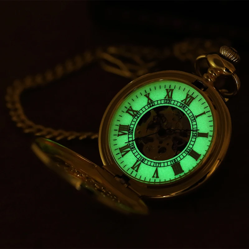 Roman Numeral Luxury Mechanical Pocket Watch Golden Skeleton Case Luminous Dial Male Fob Chain Clock for Men Women Dropshipping