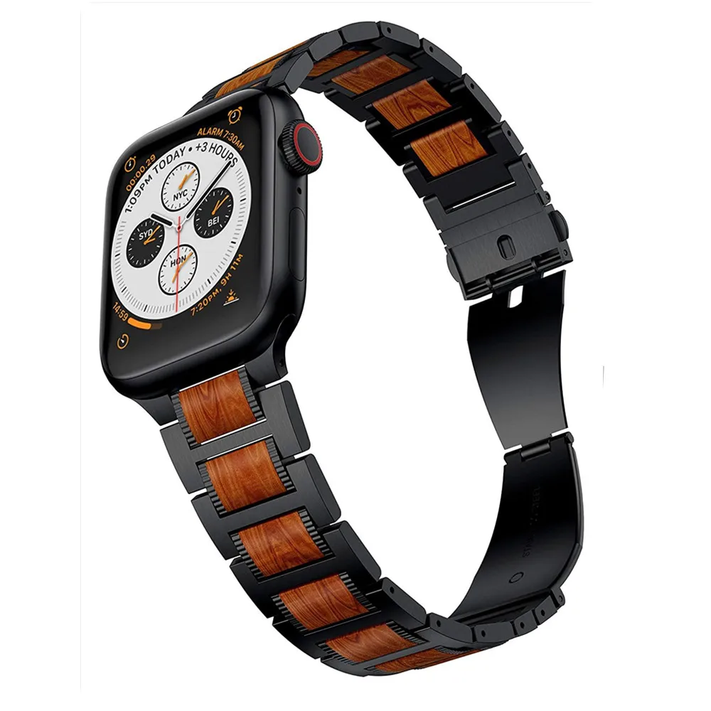 Деревянный ремешок для apple watch 44 мм 40 42 38 браслет из нержавеющей стали iwatch Apple series