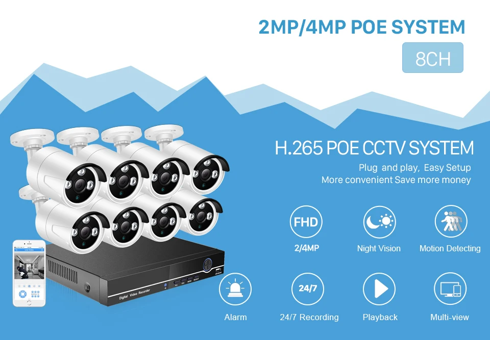 Система видеонаблюдения BESDER 8 каналов H.265 POE IP камеры ИК наружная 3MP