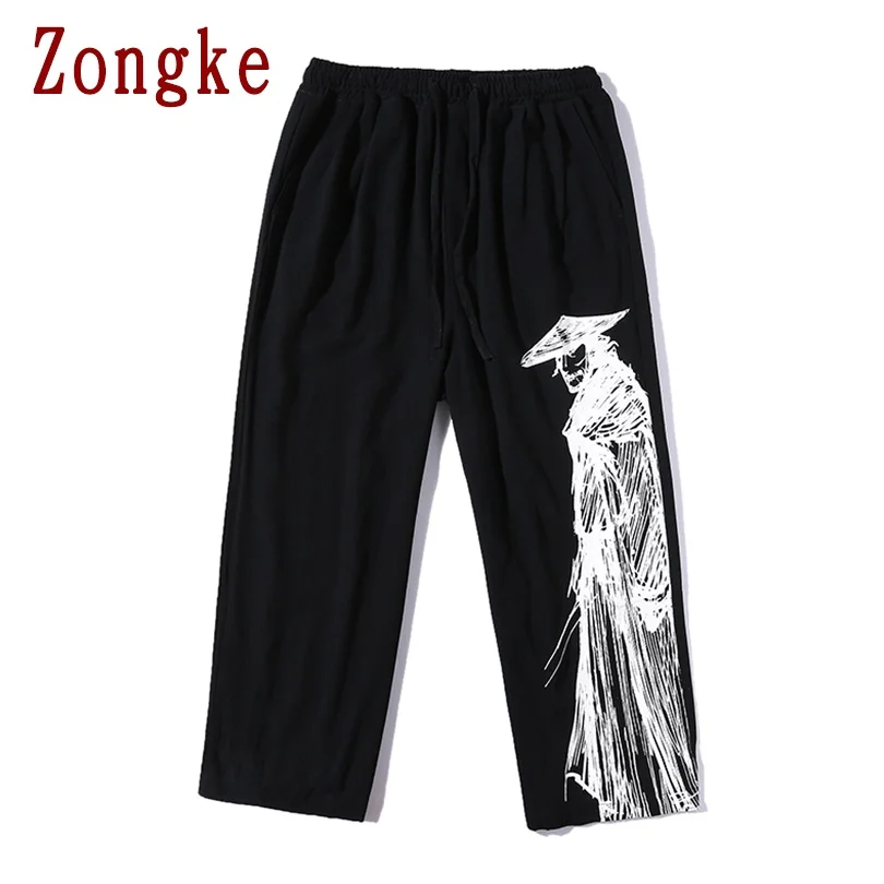 

Zongke Samurai Print Men's Pants Harajuku Men Clothing Linen Black Pants Ankle-Length Streetwear Trousers 5XL 2021 New Arrivals