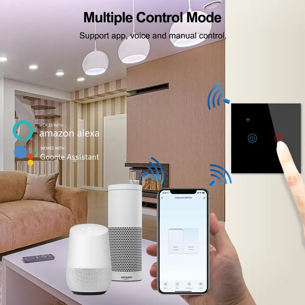 Умный сенсорный выключатель Tuya с европейской вилкой 220 В не требует нейтрального