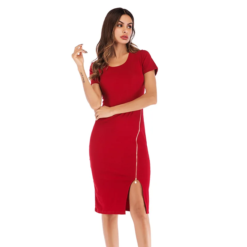 

Summer 2021 Hip Slim Short Sleeved One Step O-Neck Black Dress for Vintage Fashion Dresses Red Woman Fashion Clothing Casual