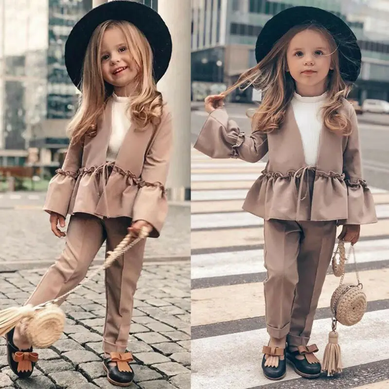 2-7Y модная детская одежда для маленьких девочек; комплекты одежды; однотонная куртка с оборками и рукавами; комплект из топа и штанов