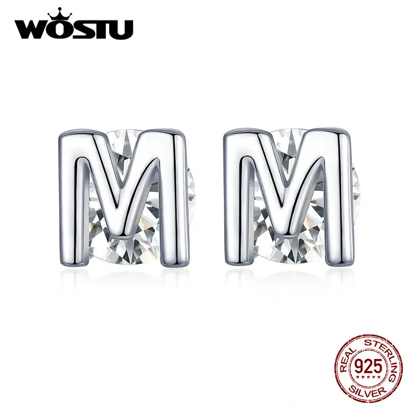 WOSTU настоящие 925 пробы серебряные серьги-гвоздики с алфавитом м модные буквы циркония маленькие серьги для женщин ювелирные изделия FIE739