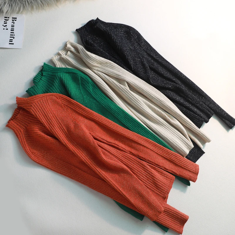 2019 Блестящий вязаный свитер с высоким воротником блестящий женский пуловеры