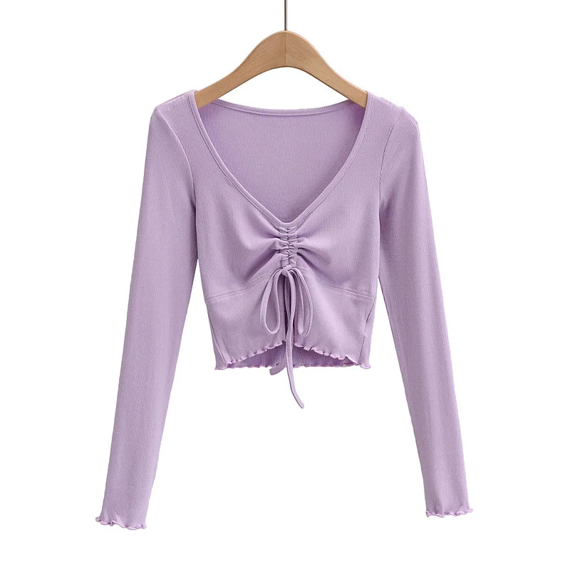 

Deep V-neck Drawstring T-shirt with Wooden Ears High-waisted Solid Color Shirt Long-sleeved T-shirt Y2K top Aesthetics E Girl