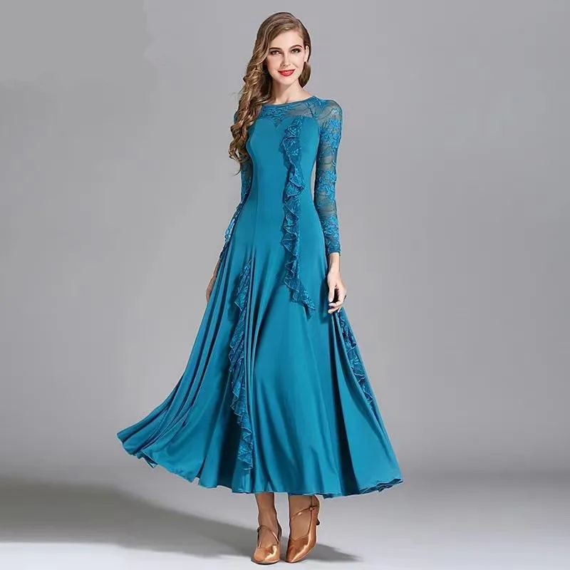 Женское платье для бальных танцев бархатное с длинным рукавом и круглым вырезом