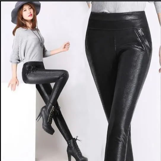 2020 зимние теплые женские брюки и капри из искусственной кожи с высокой талией